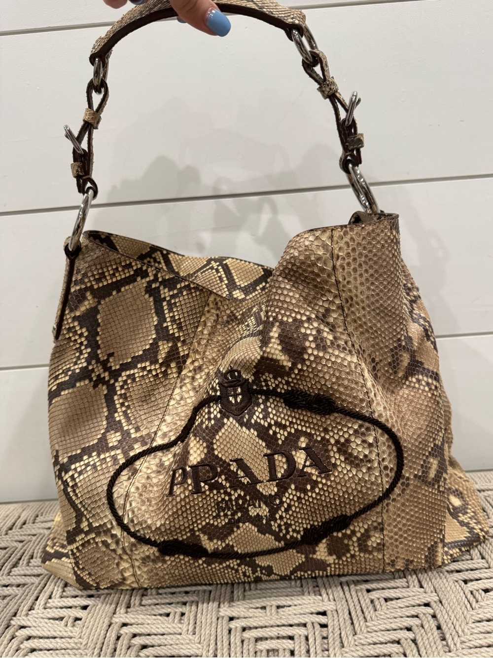 Prada brown python snakeskin Logo Sacca Hobo tote bag - Picture 2 of 16